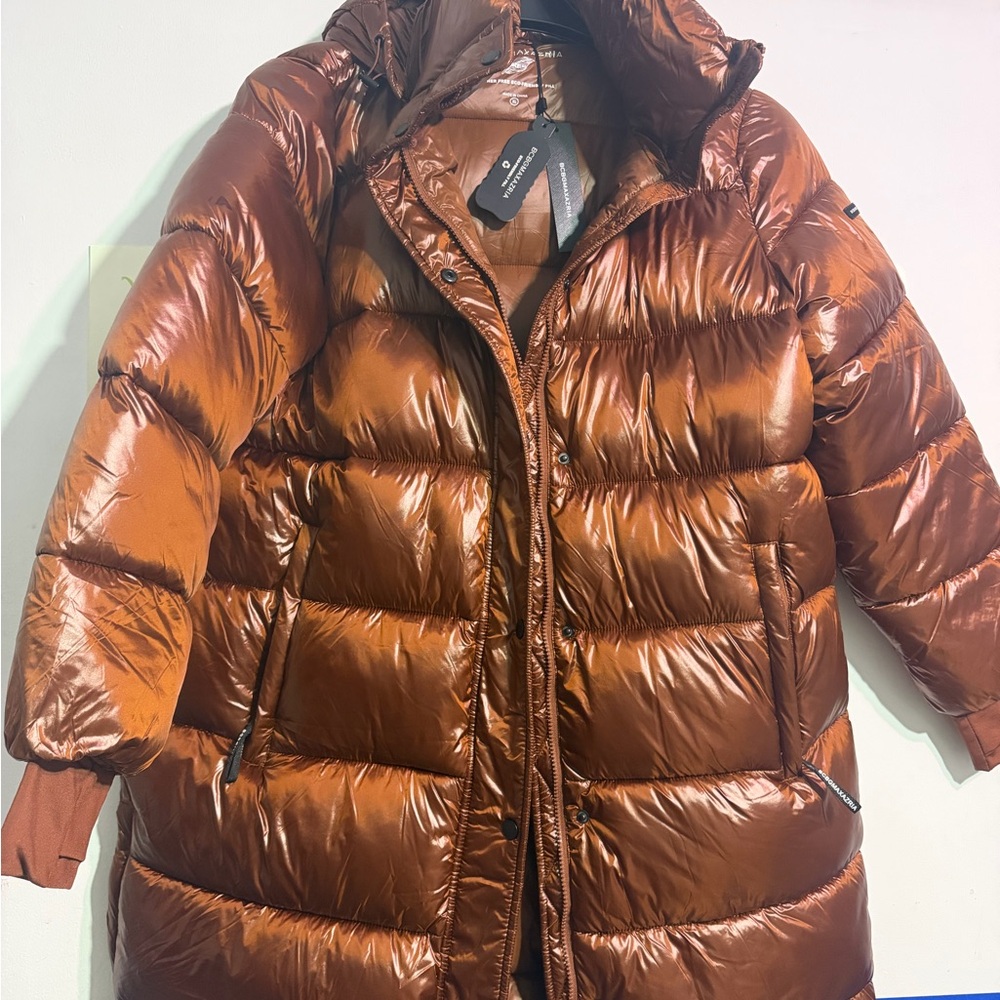 BCBGMaxAzria Shiny Rust Brown Long Puffer Coat